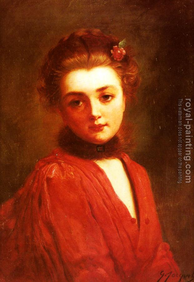 Gustave Jean Jacquet : Portrait Of A Girl In A Red Dress